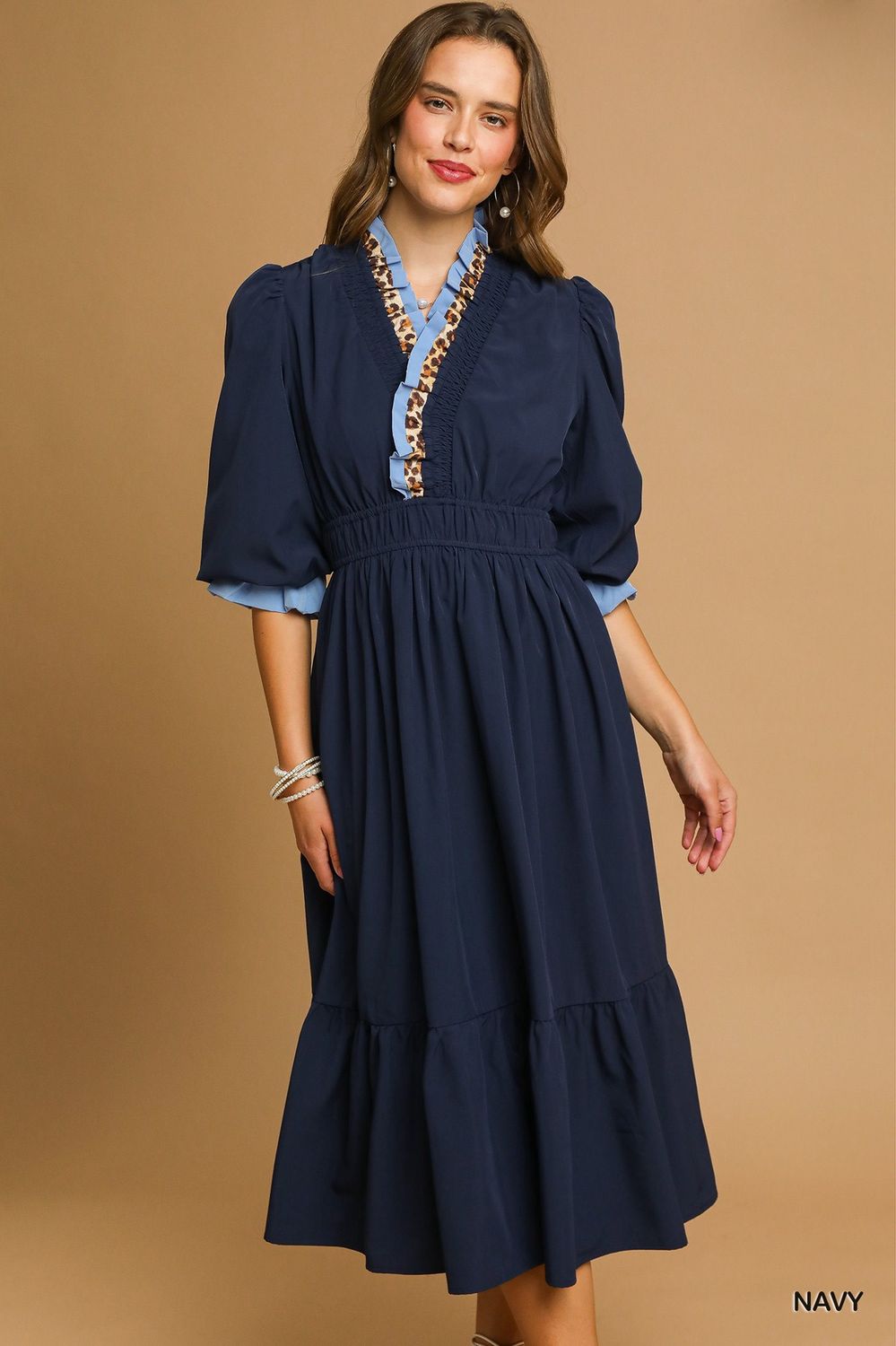 Umgee Navy Ruffle Trim Midi Dress with Leopard Accent