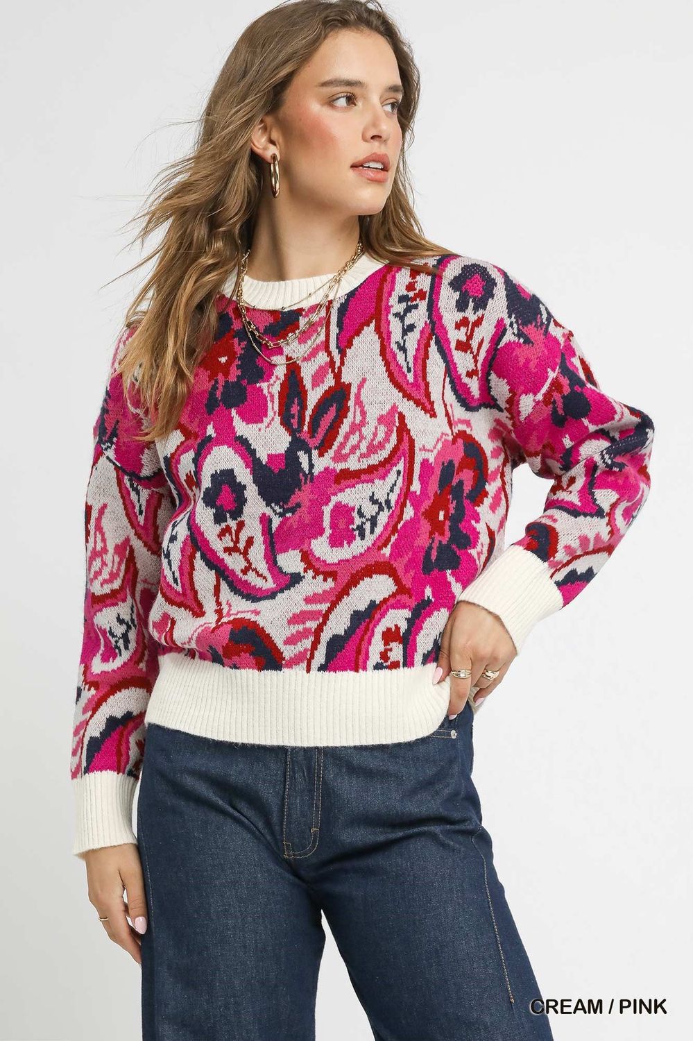 Umgee Cream/Pink Mix Paisley Knit Sweater with Ribbed Trim