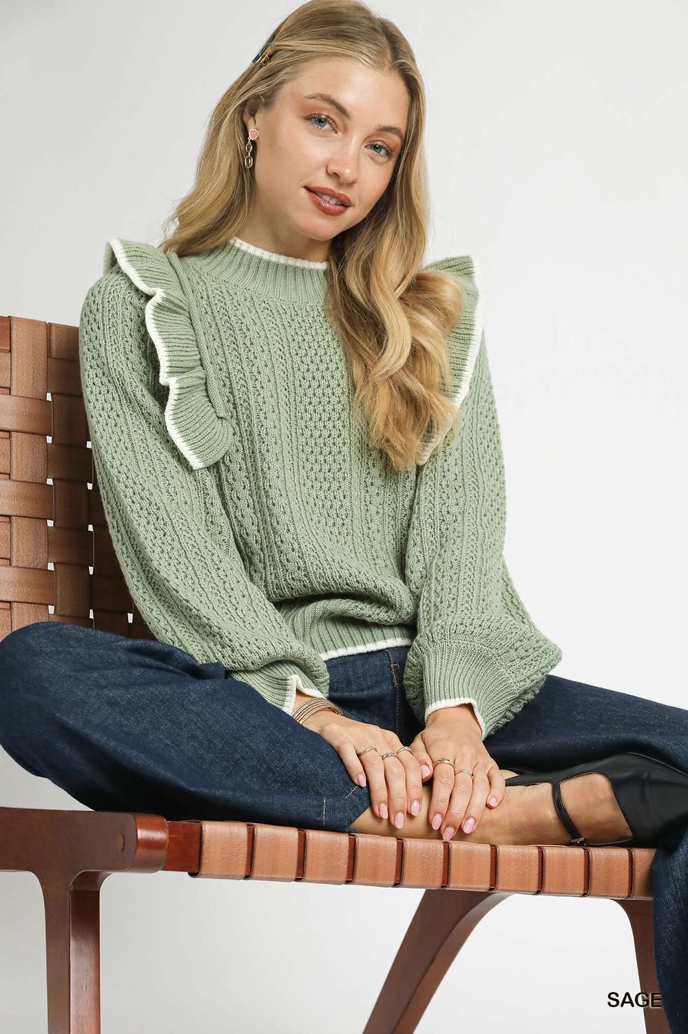 Umgee Sage Ruffle Trim Cable Knit Sweater
