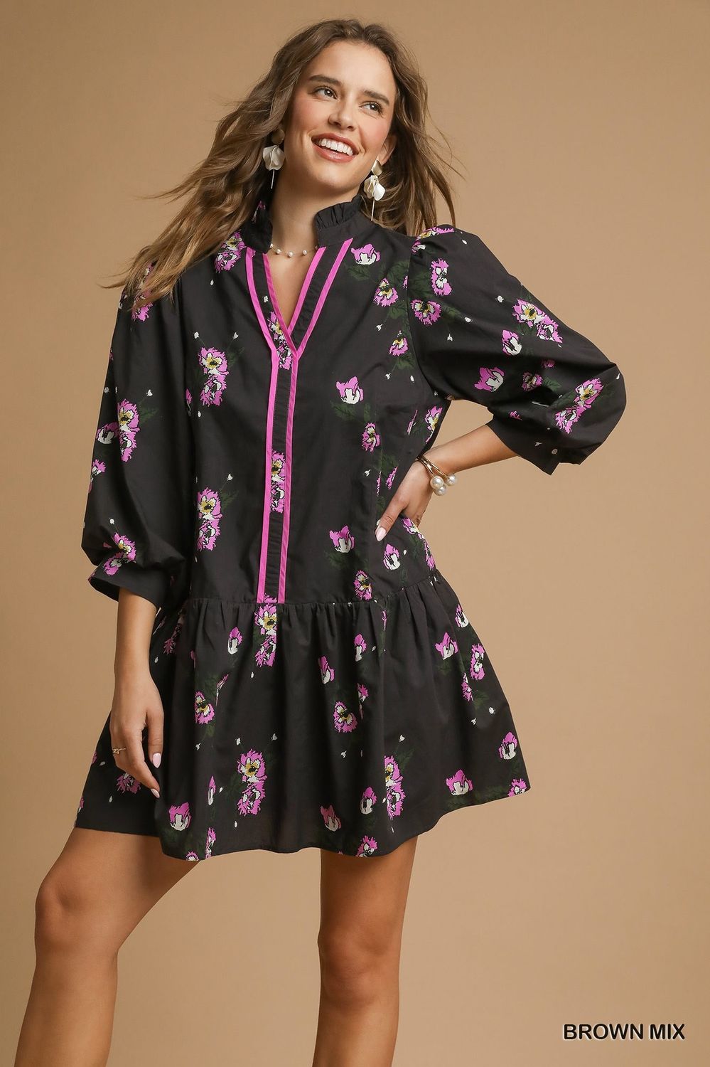 Umgee Brown Mix Floral Mini Dress with Puff Sleeves