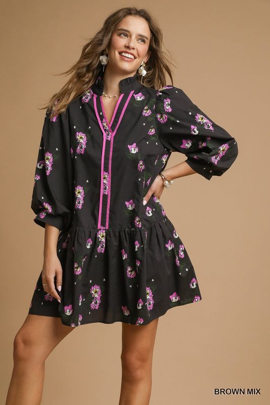 Umgee Brown Mix Floral Mini Dress with Puff Sleeves