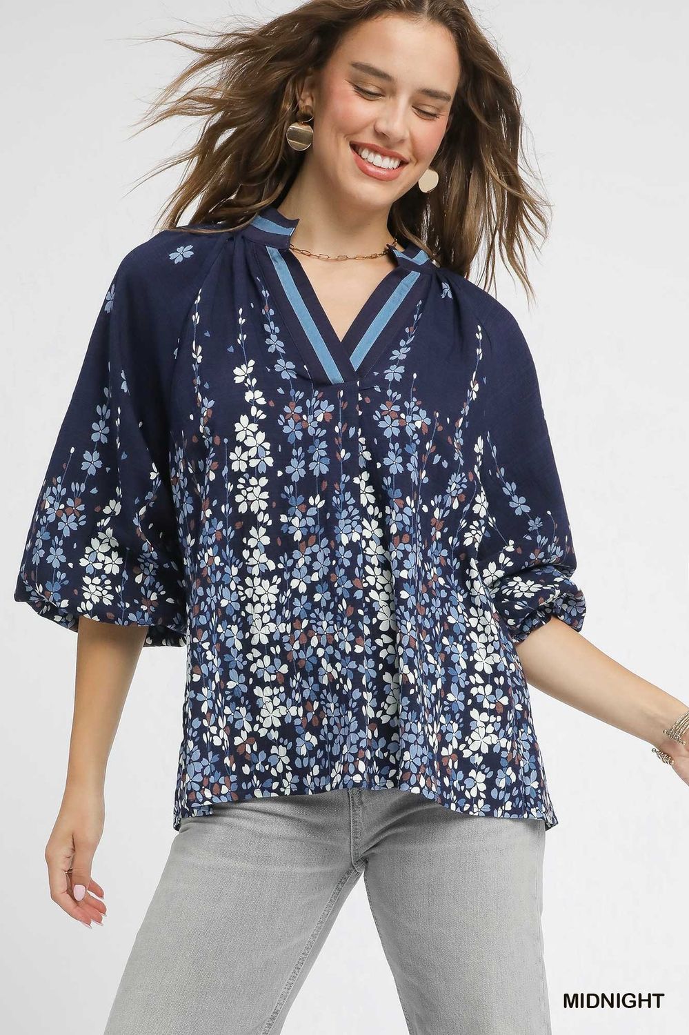 Umgee Midnight Floral Vine Print Blouse with Balloon Sleeves