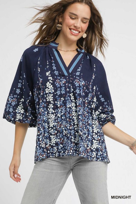 Umgee Midnight Floral Vine Print Blouse with Balloon Sleeves