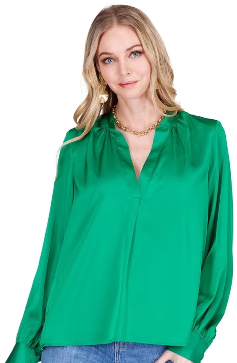 Joy Joy Evergreen Placket V-Neck Top