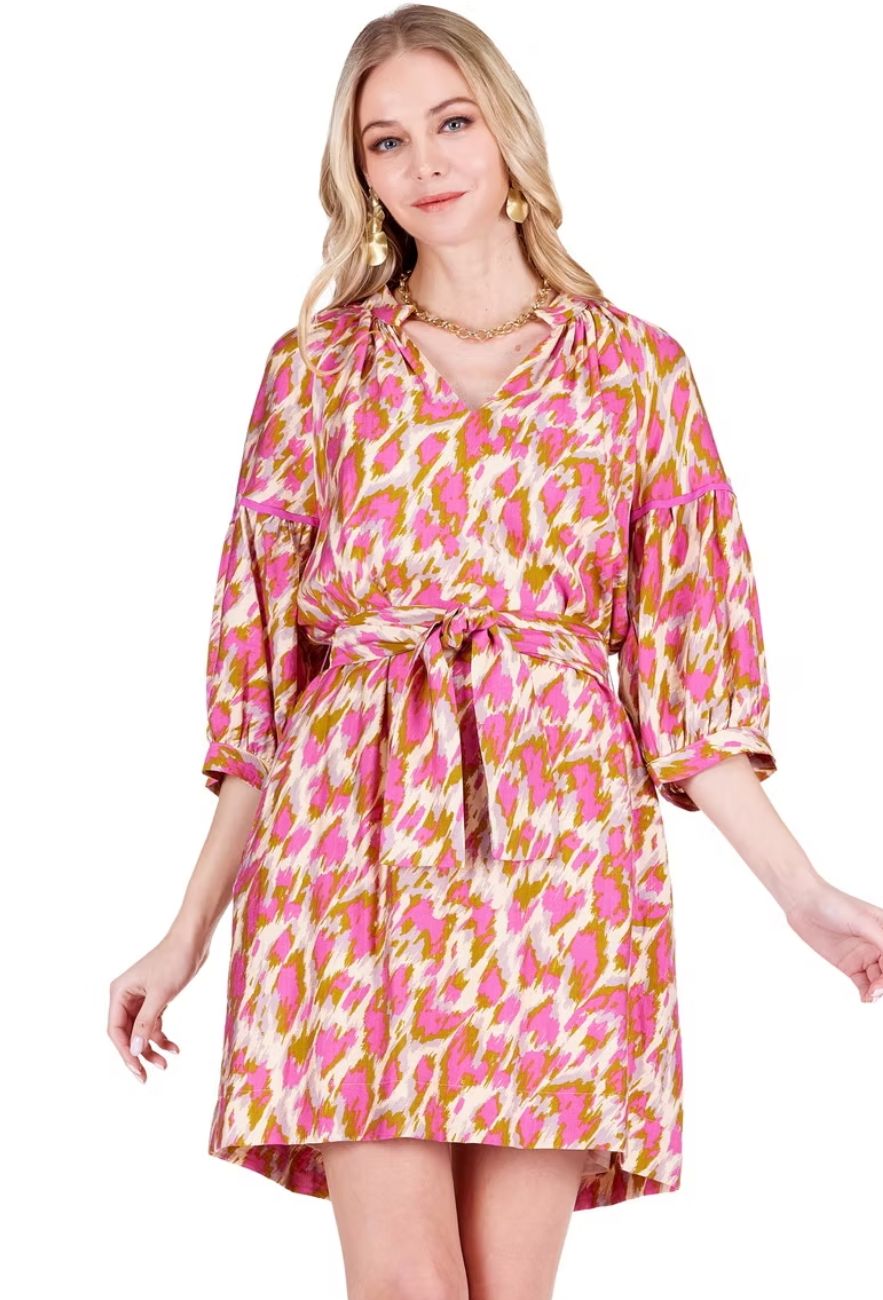 Joy Joy Magenta Splash Puff Sleeve Collar Dress