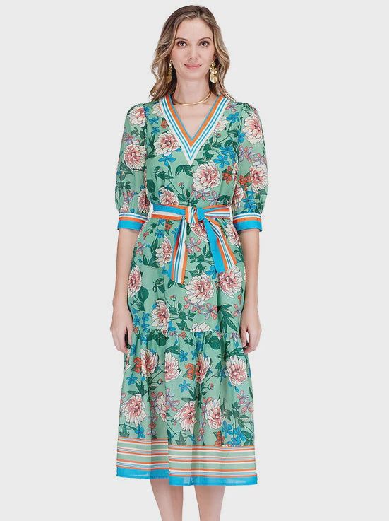 Jade Dahlia Border Trimmed V-Neck Maxi Dress