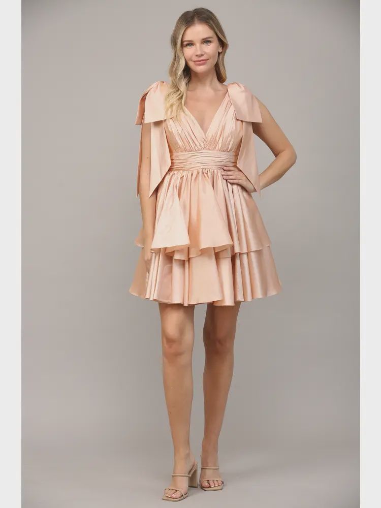 Fate Bow Detail Satin Tiered Dress- Nude