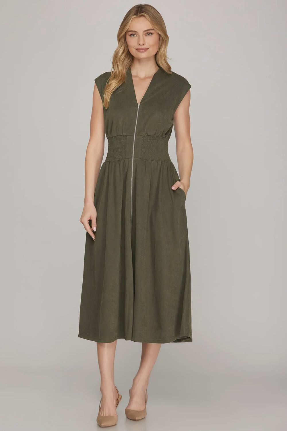 She + Sky Smocked Waist Suede Midi Dress- Olive