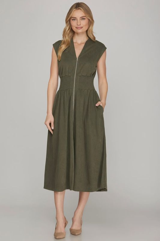 She + Sky Smocked Waist Suede Midi Dress- Olive