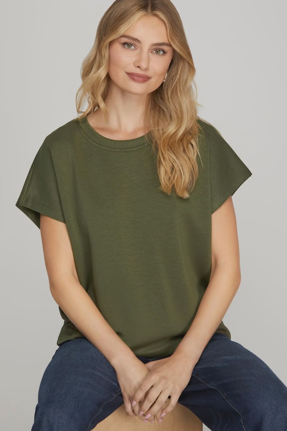 She + Sky Short Sleeve Round Neck Knit Top- Olive