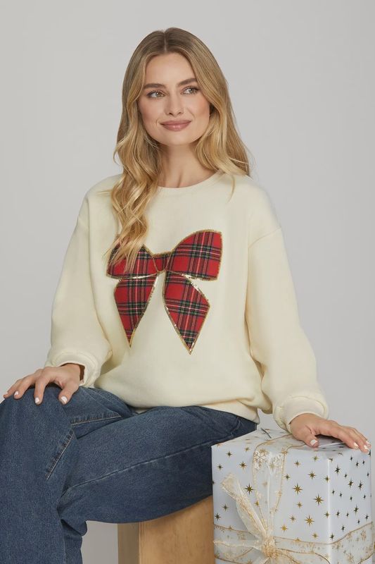She + Sky Long Sleeve Christmas Plaid Bow Knit Top- Cream