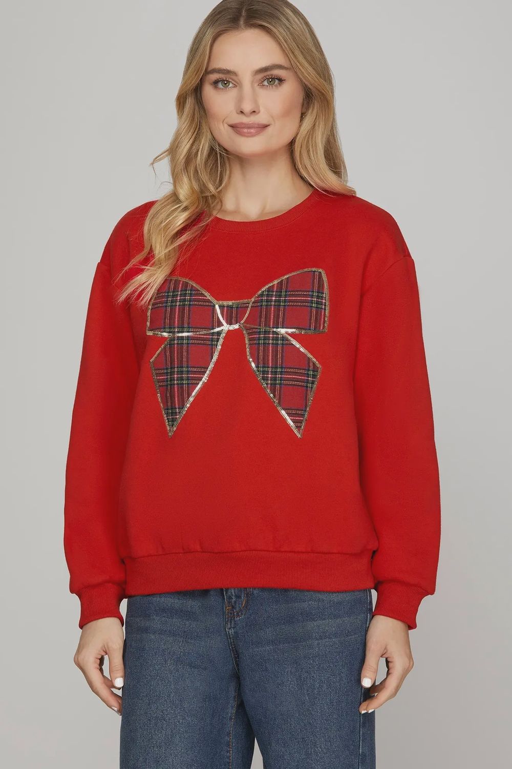 She + Sky Long Sleeve Christmas Plaid Bow Knit Top-  Red