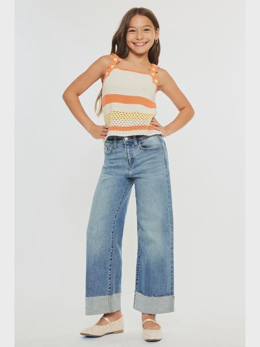 Kancan Youth High Rise Crop Wide Leg- Medium Stone Wash