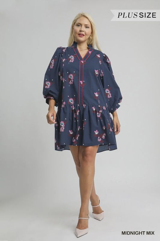 Umgee Floral Mini Dress with Puff Sleeves- Midnight Mix