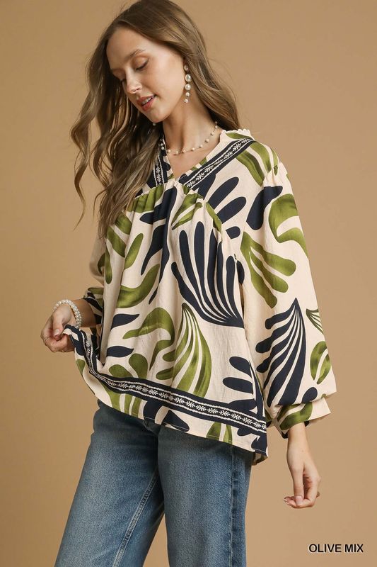 Umgee Boho Leaf Print Blouse- Olive Mix