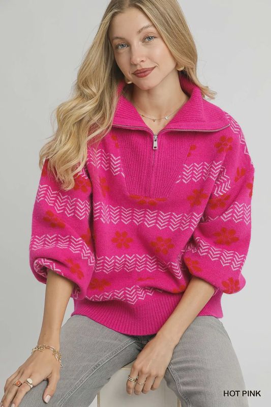 Umgee Mixed Print Jacquard Pullover Sweater- Hot Pink