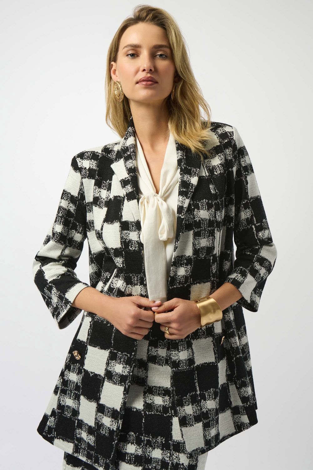 Joseph Ribkoff Jacquard Sweater Plaid Print A-Line Jacket- Black/Cream