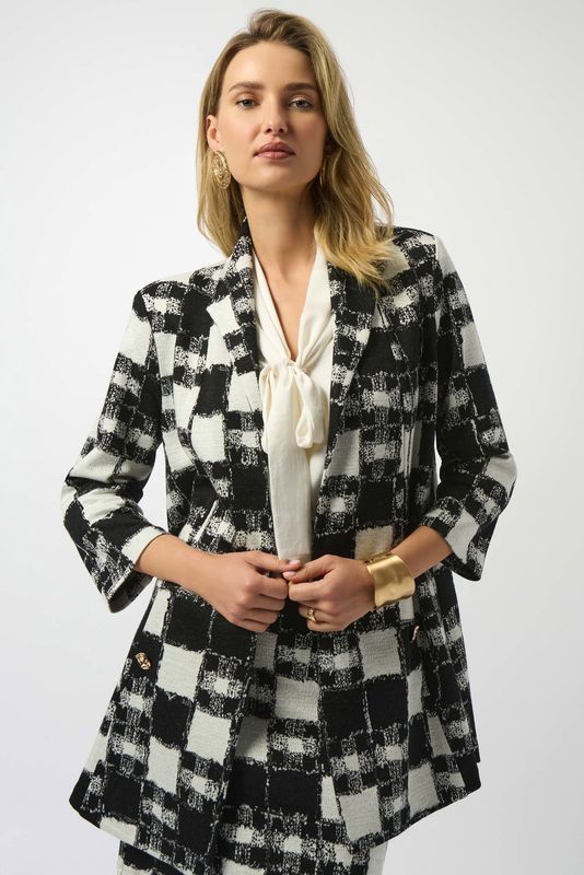 Joseph Ribkoff Jacquard Sweater Plaid Print A-Line Jacket- Black/Cream