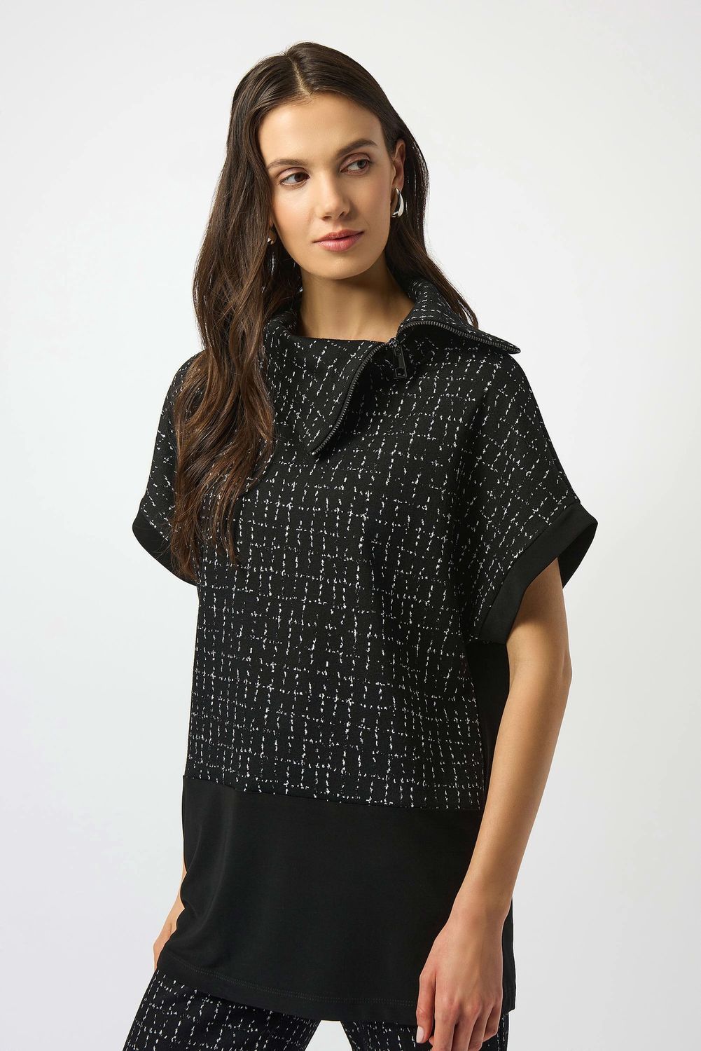 Joseh Ribkoff Jacquard Checkered Print Boxy Tunic- Black/Off-White