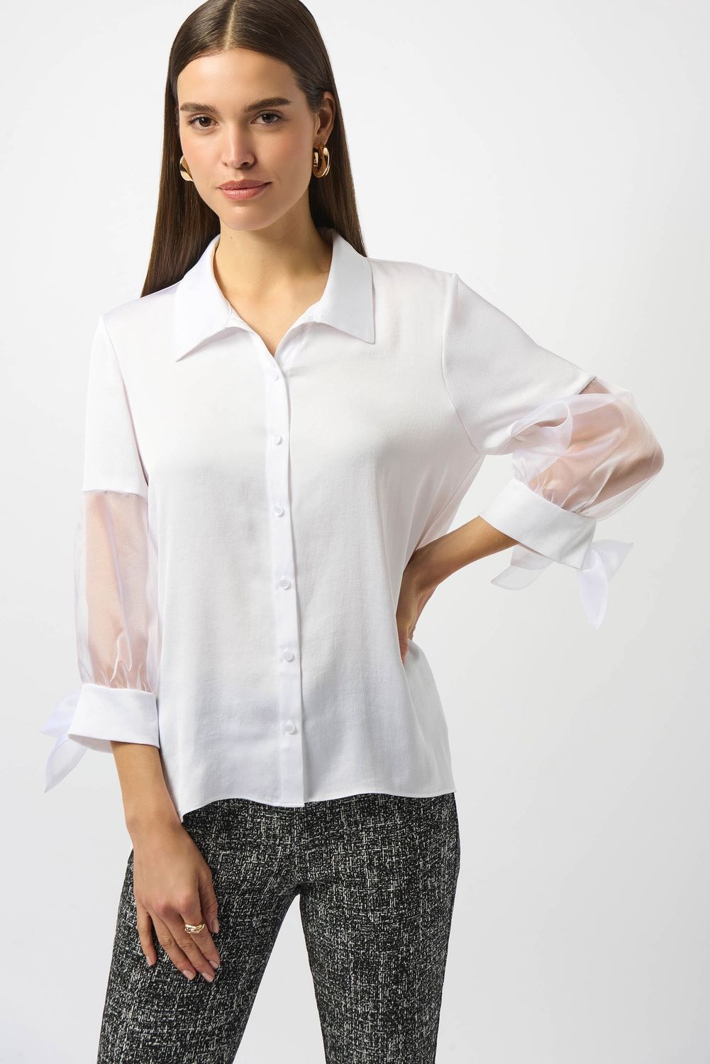 Joseph Ribkoff Satin And Organza Boxy Blouse- Vanilla