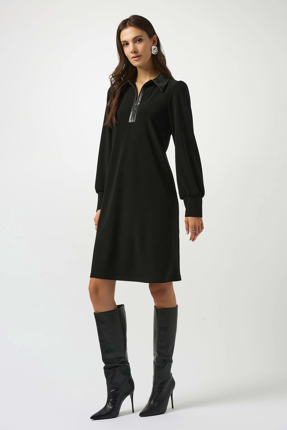 Joseph Ribkoff Silky Knit &amp; Leatherette Trapeze Dress- Black