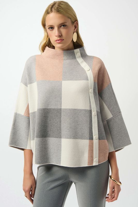 Joseph Ribkoff Plaid Jacquard Sweater Knit Top- Rose/Multi