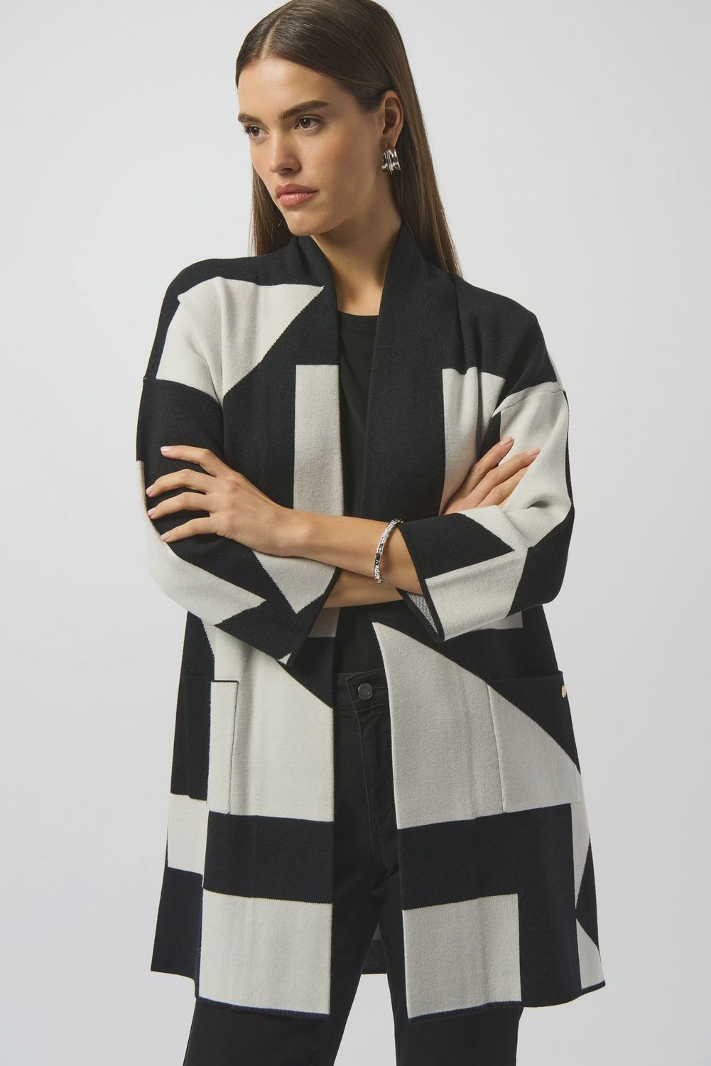 Joseph RIbkoff Jacquard Sweater Knit Colour-Block Cover-Up- Black/Vanilla