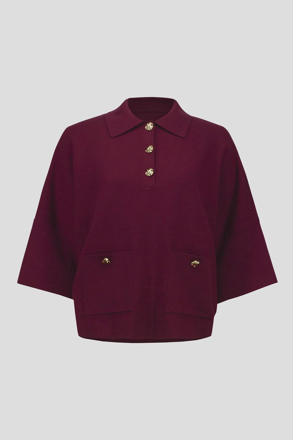 Joseph Ribkoff Sweater Knit Boxy Pullover With Polo Collar- Merlot
