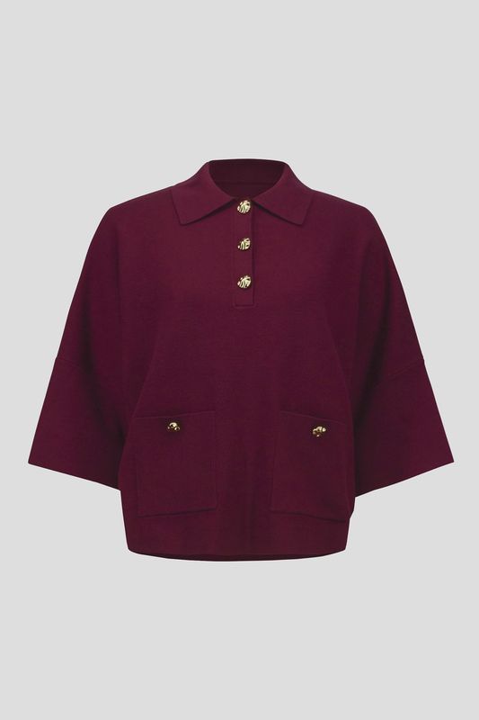 Joseph Ribkoff Sweater Knit Boxy Pullover With Polo Collar- Merlot