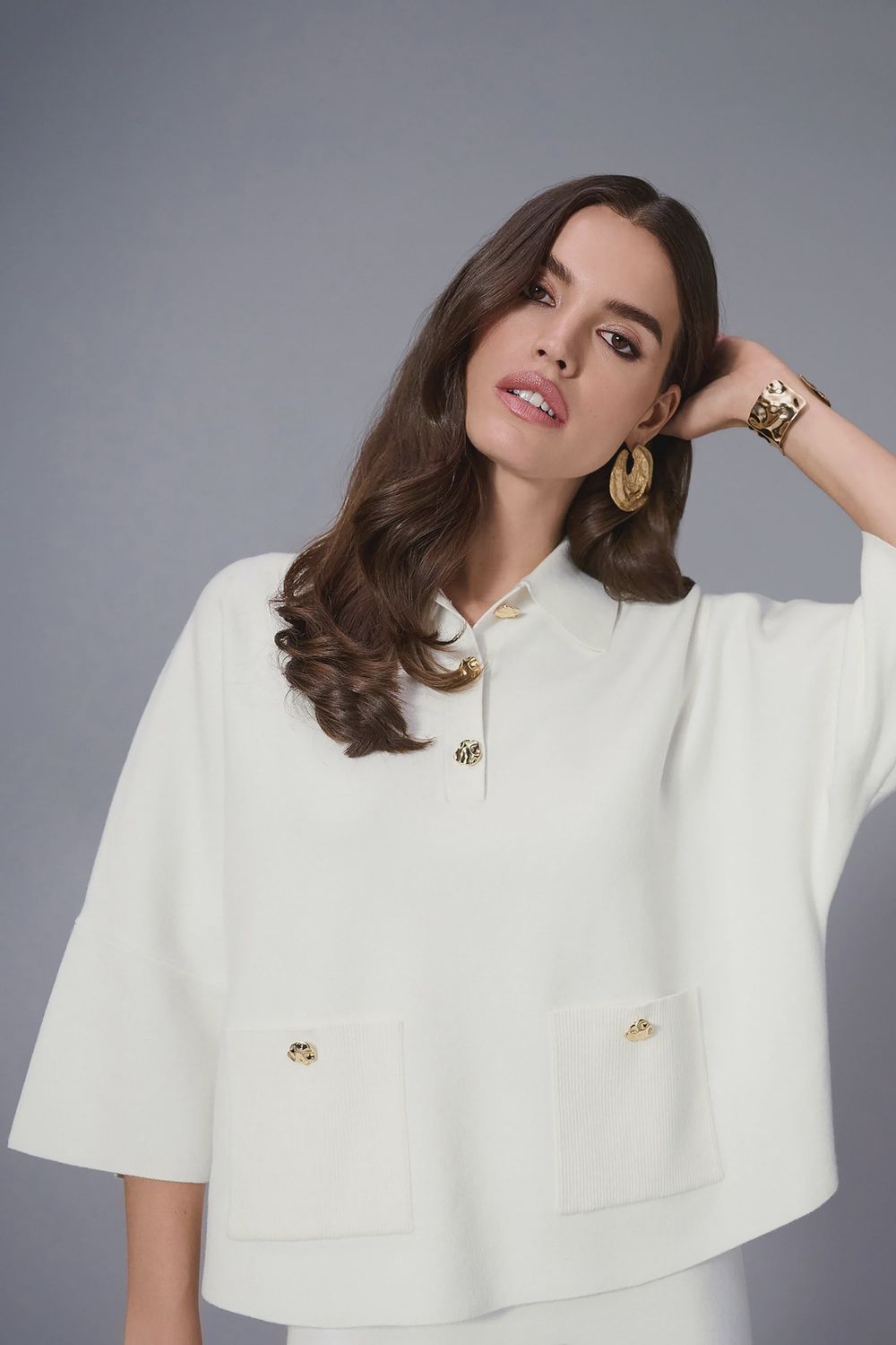 Joseph Ribkoff Winter White Sweater Knit Boxy Pullover With Polo Collar