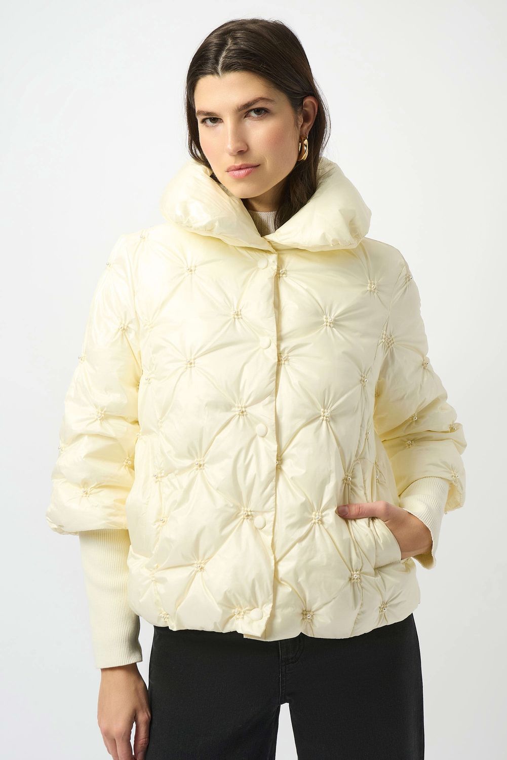 Joseph Ribkoff Winter White Pearl Quilted Puffer Trapeze Jacket