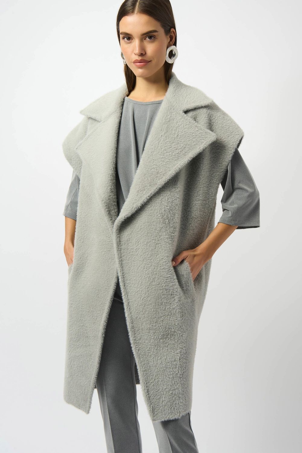 Joseph Ribkoff Light Grey Feather Yarn Boxy Sweater Vest