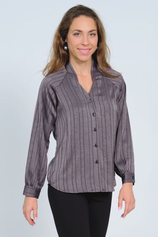 Lior Camryn Elegant Grey Silky Satin Button Front Blouse With Cut Out Back