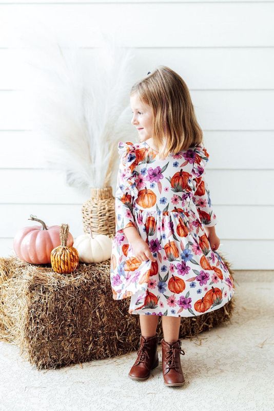 Mila and Rose Hey Pumpkin 3/4 Sleeve Ruffle Twirl Dress