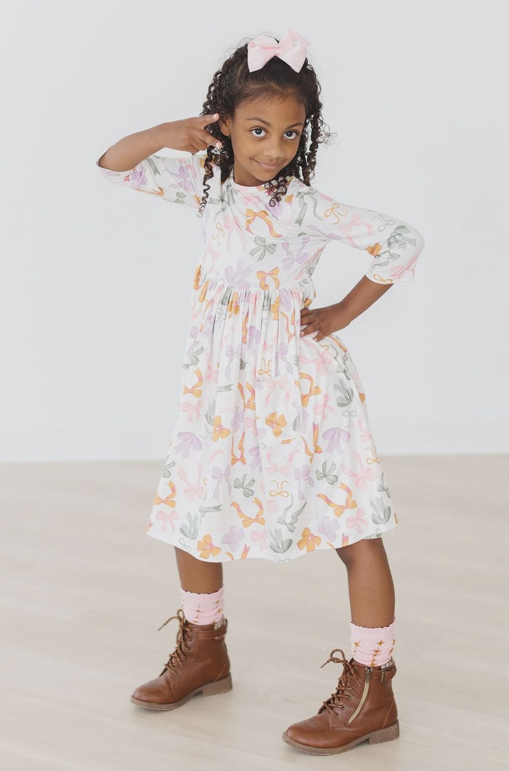 Mila and Rose Boho Bows 3/4 Sleeve Pocket Twirl Dress