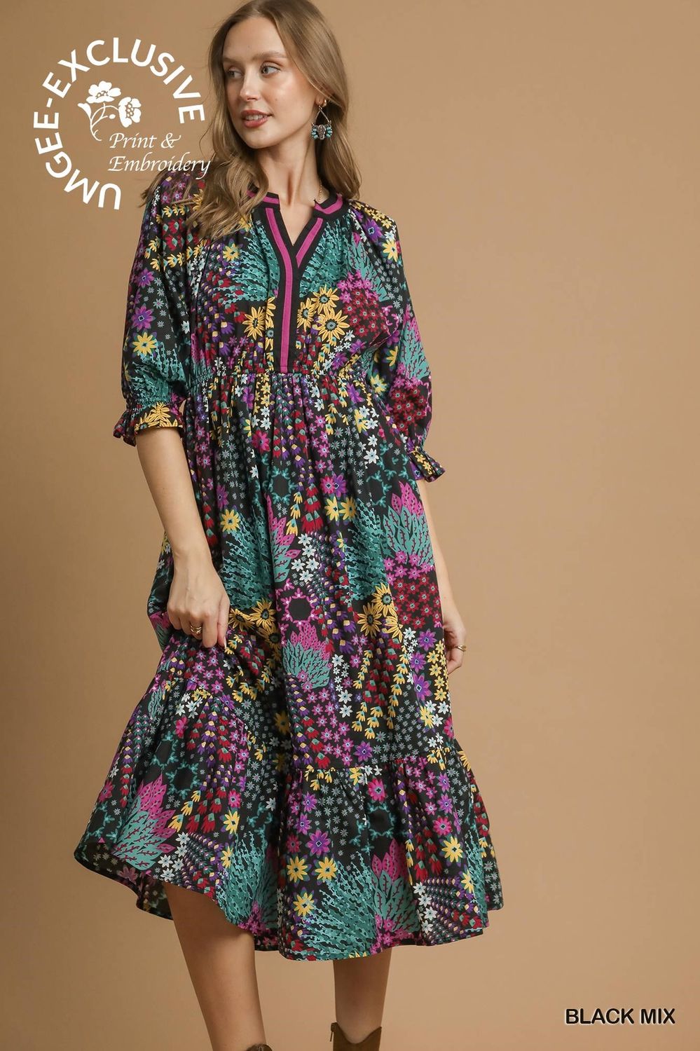 Umgee Floral Print V-Neck Midi Dress- Black Mix