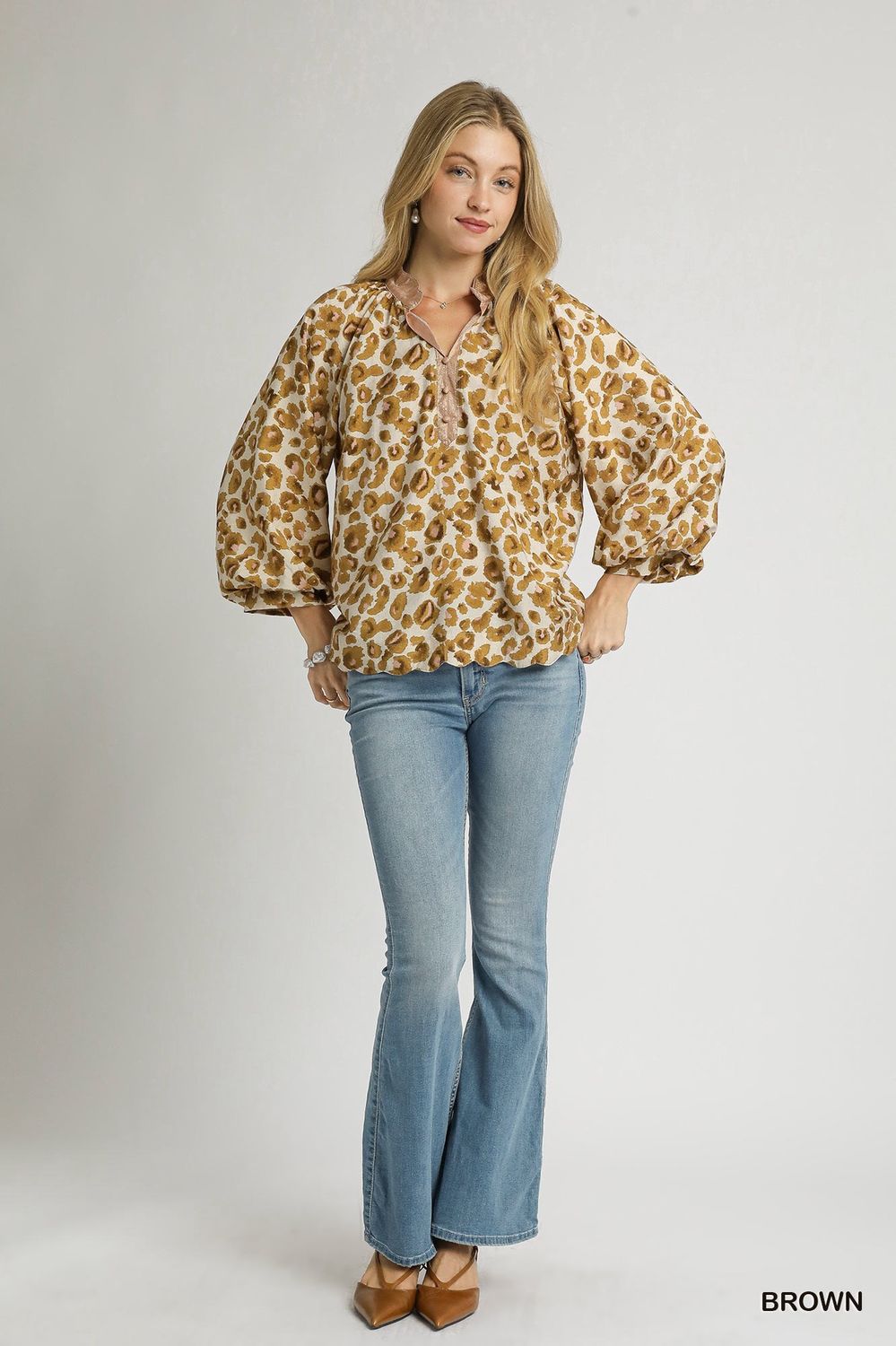 Umgee Leopard Print Boho Blouse- Brown