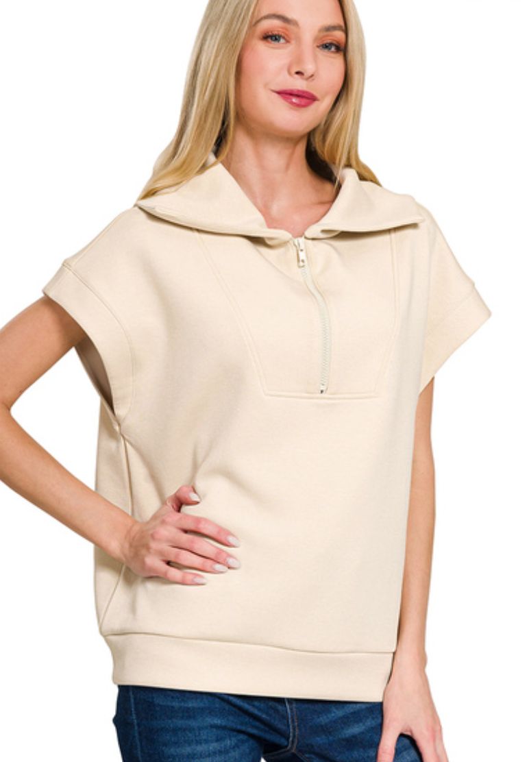 Zenana Sand Beige Scuba Half Zip Top