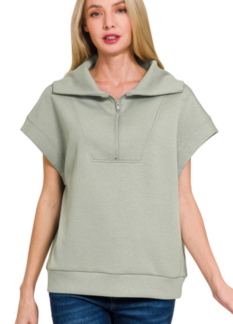 Zenana Dusty Green Scuba Half Zip Top