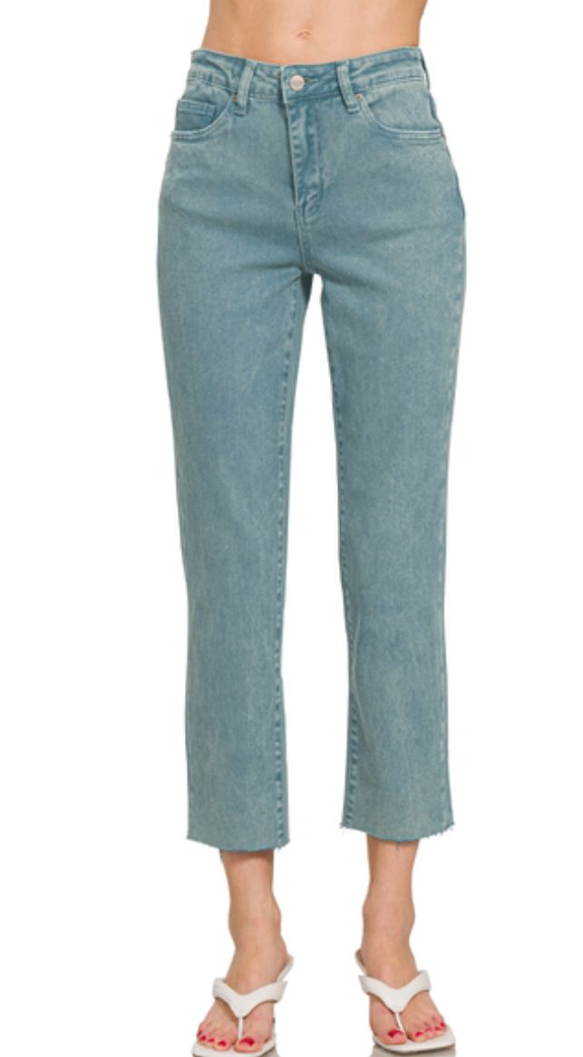 Zenana Teal Acid Washed High Waisted Cropped Straight Pants