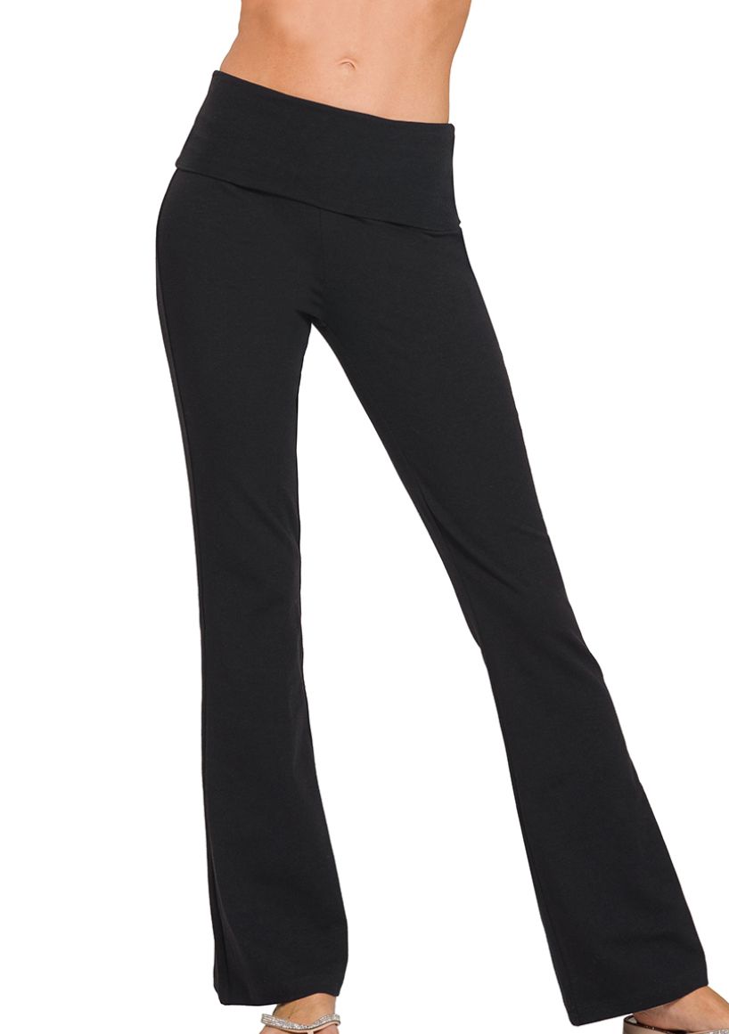 Zenana Cotton Fold Over Flare Leg Yoga Pants- Black