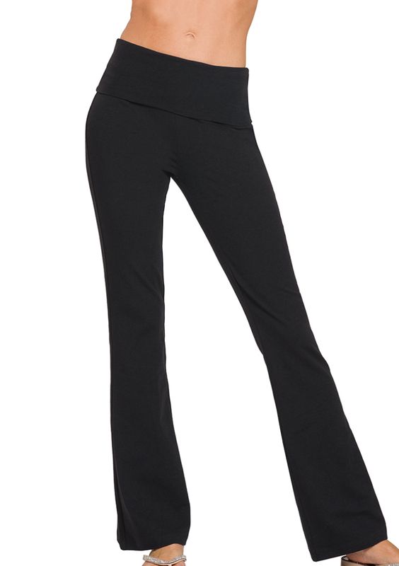 Zenana Cotton Fold Over Flare Leg Yoga Pants- Black