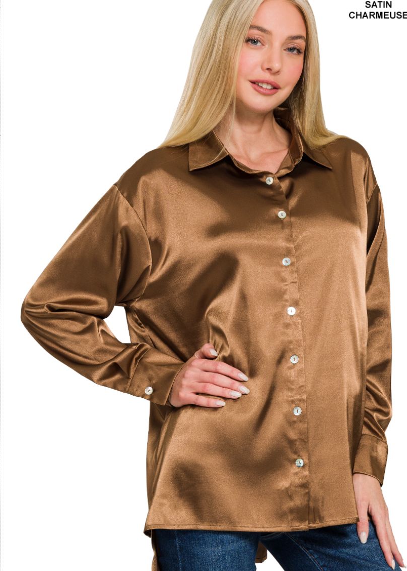 Zenana Satin Button Down Shirt- Deep Camel