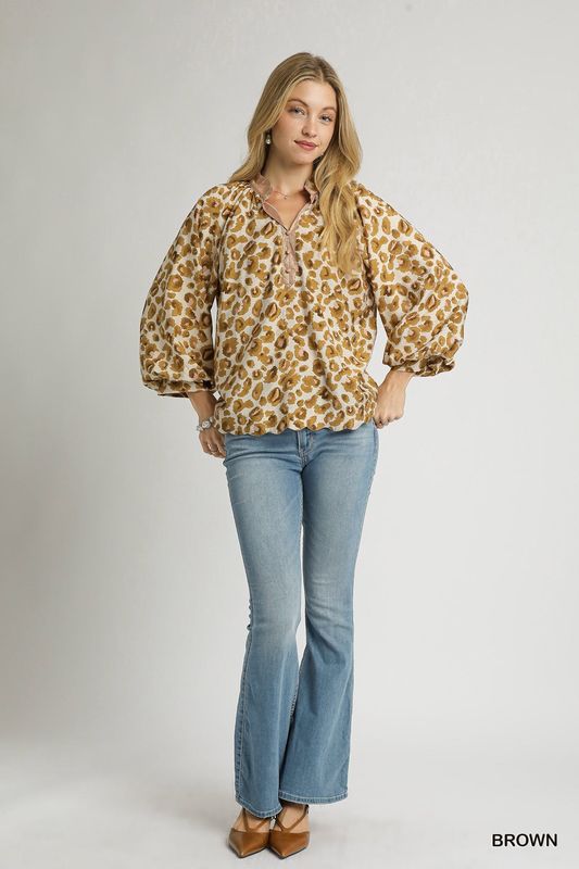 Umgee Leopard Print Boho Blouse- Brown