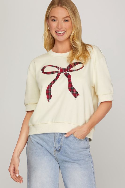 She + Sky Short Sleeve Round Neck Plaid Bow Knit Top- Cream