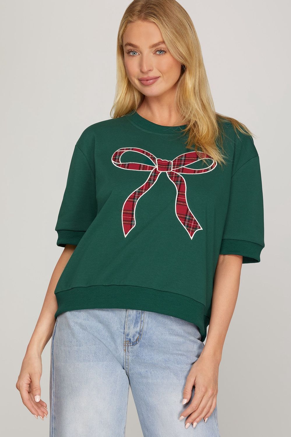 She + Sky Short Sleeve Round Neck Plaid Bow Knit Top- Green