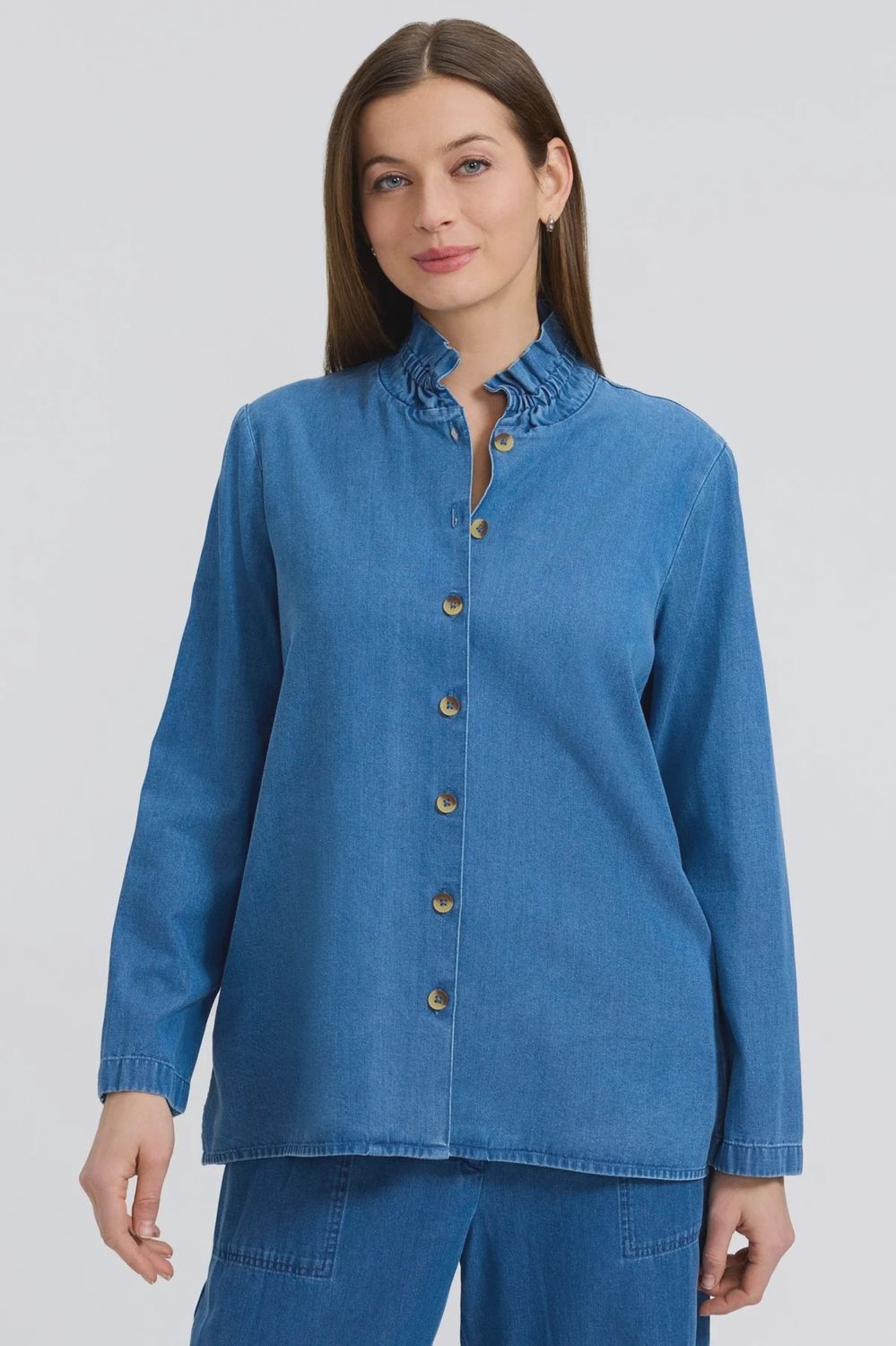 Foxcroft Medium Wash Carolina Tencel® Denim Long Sleeve Shirt Jacket