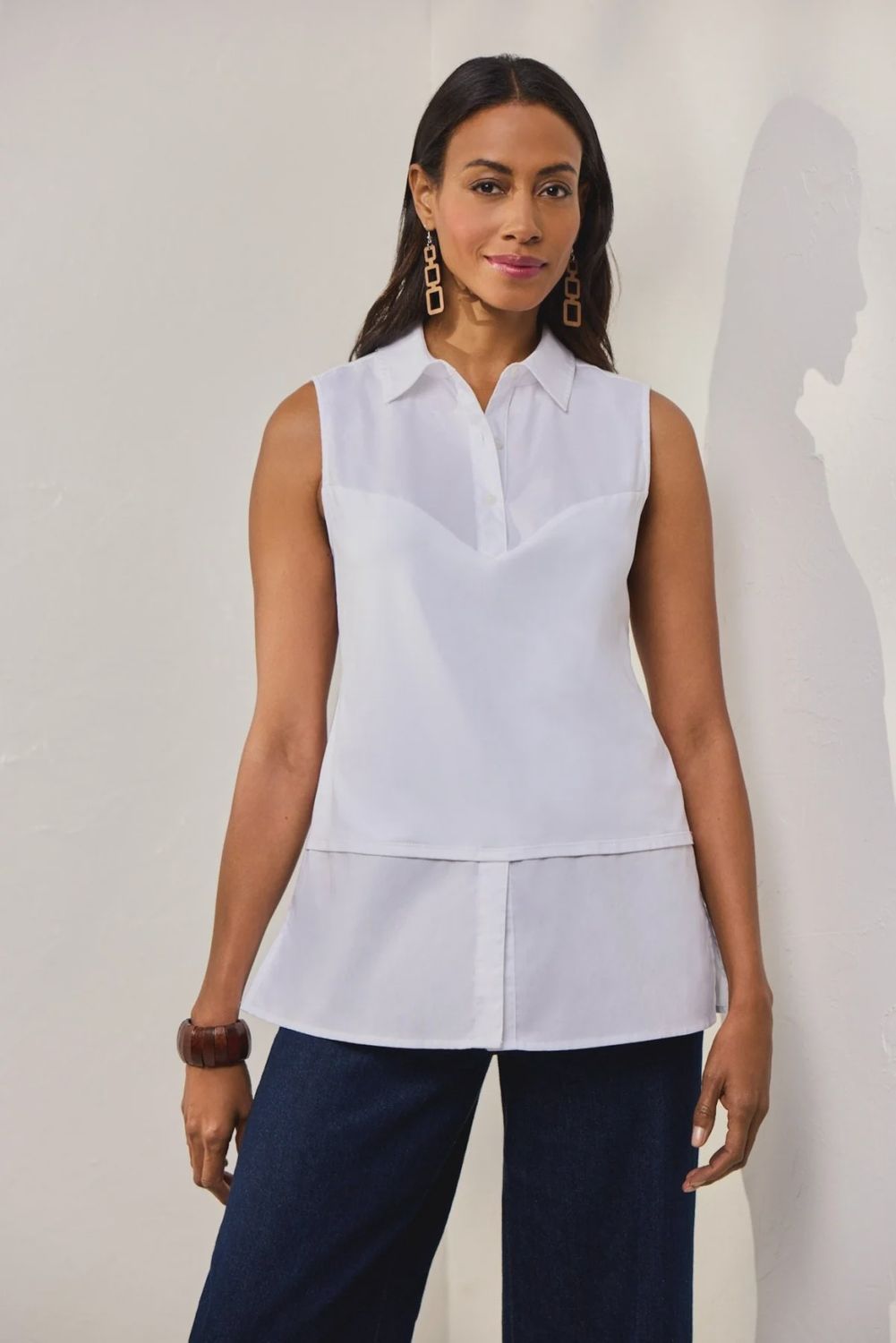 Foxcroft White Sasha Knit-Woven Sleeveless Layering Tunic