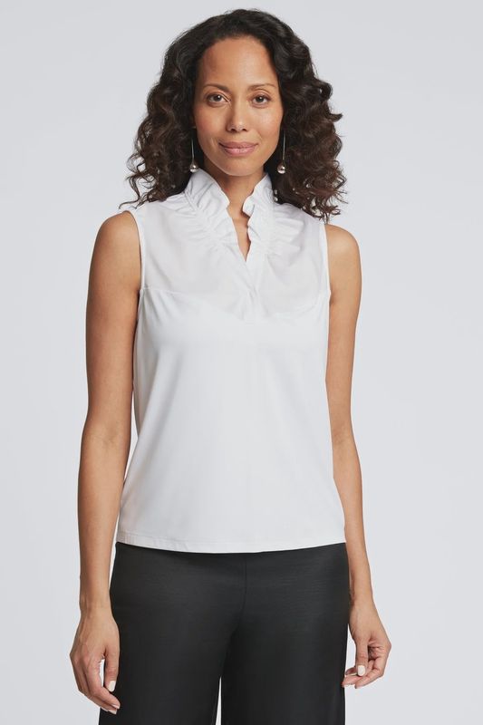 Foxcroft White Tammy Knit-Woven Ruffle Collar Sleeveless Layering Tank