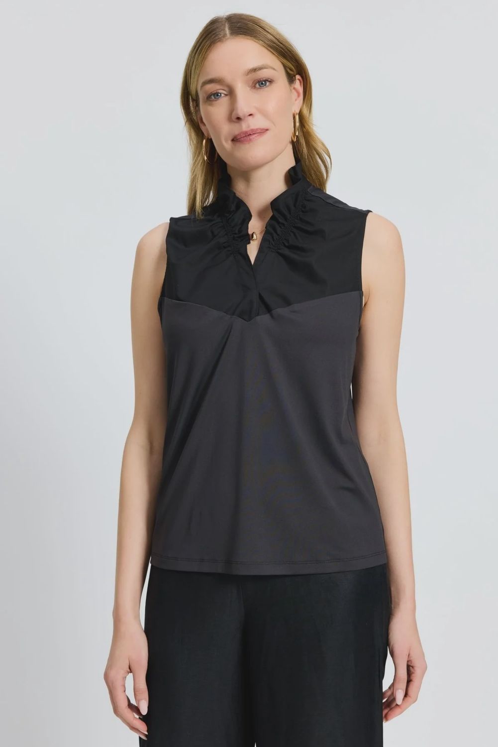 Foxcroft Black Tammy Knit-Woven Ruffle Collar Sleeveless Layering Tank